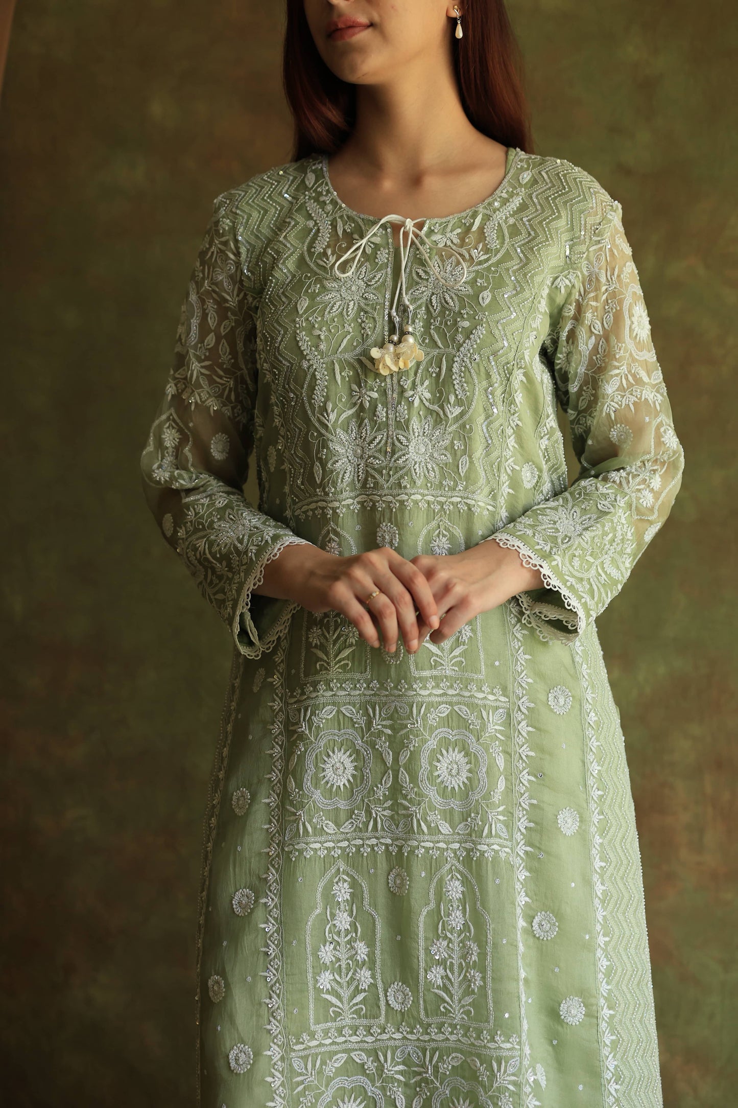 Green Noor Organza Chikankari Anarkali Kurta With Dupatta