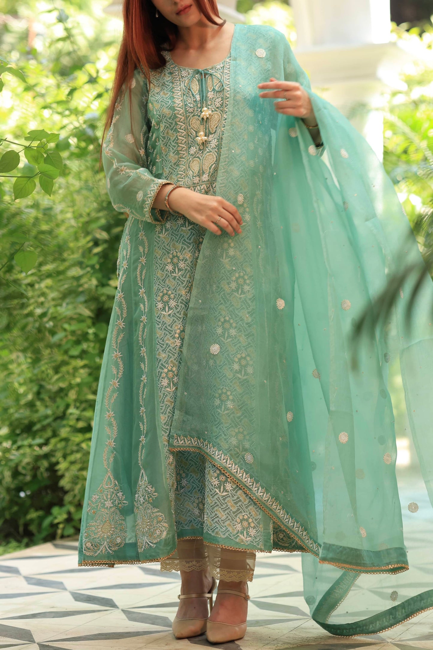 Green & Blue Noor Organza Chikankari Anarkali Kurta With Dupatta