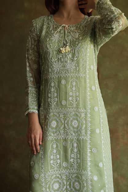 Green Noor Organza Chikankari Anarkali Kurta With Dupatta
