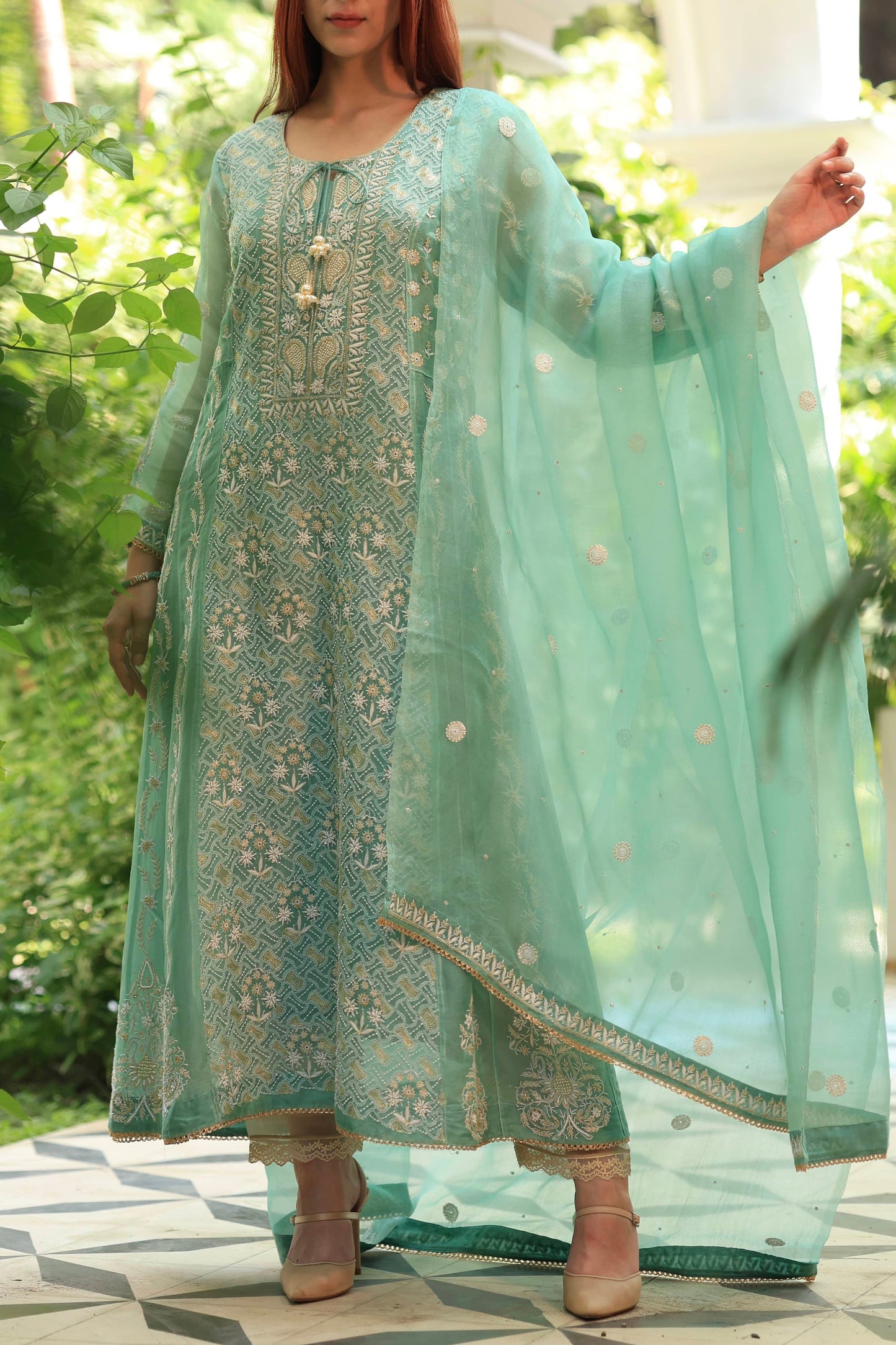 Green & Blue Noor Organza Chikankari Anarkali Kurta With Dupatta