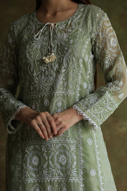 Green Noor Organza Chikankari Anarkali Kurta With Dupatta
