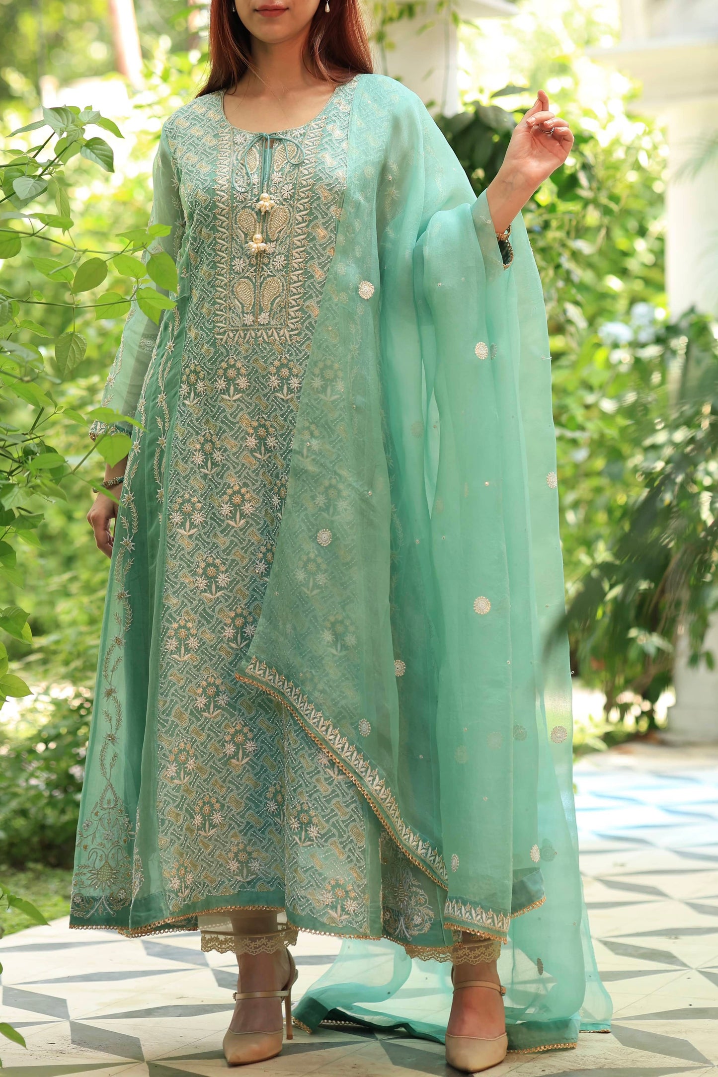 Green & Blue Noor Organza Chikankari Anarkali Kurta With Dupatta