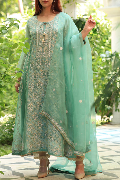 Green & Blue Noor Organza Chikankari Anarkali Kurta With Dupatta