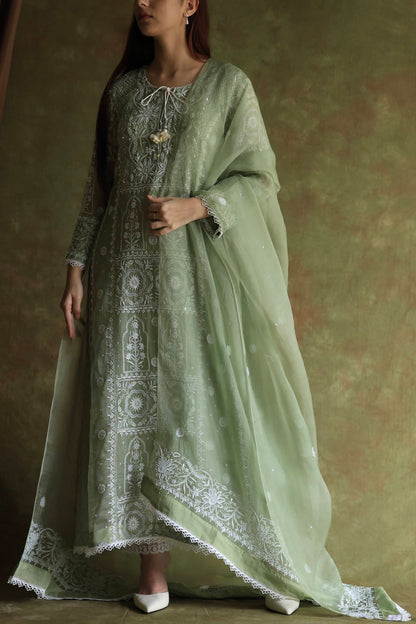 Green Noor Organza Chikankari Anarkali Kurta With Dupatta
