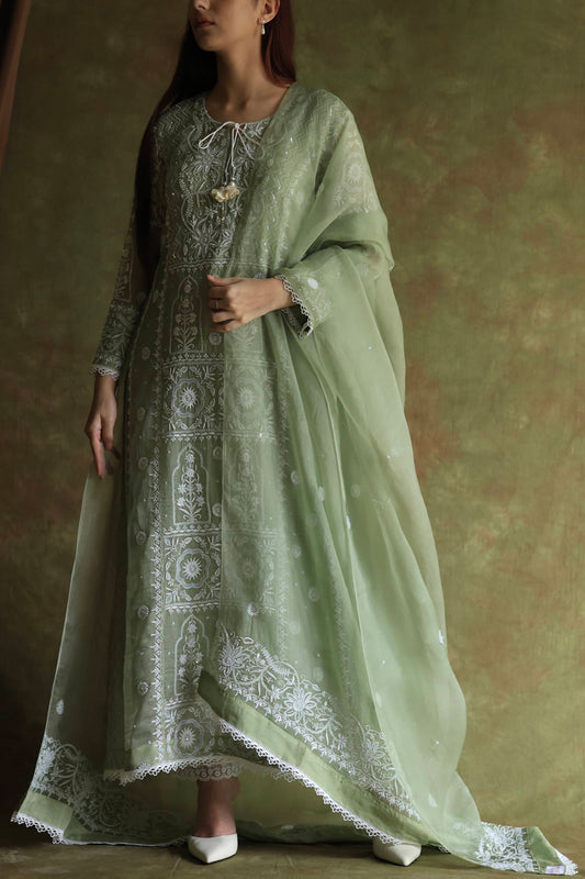 Green Noor Organza Chikankari Anarkali Kurta With Dupatta