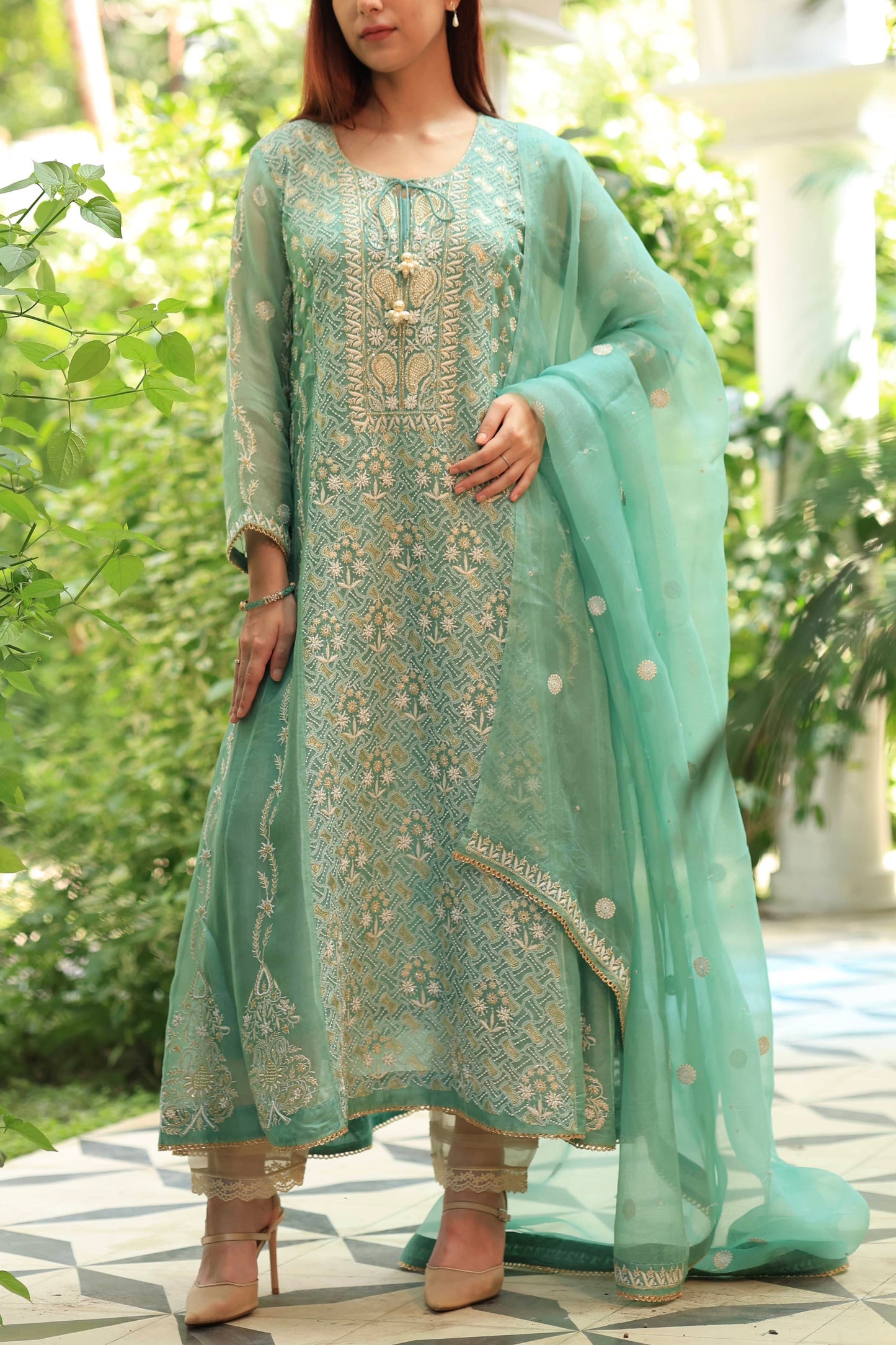 Green & Blue Noor Organza Chikankari Anarkali Kurta With Dupatta