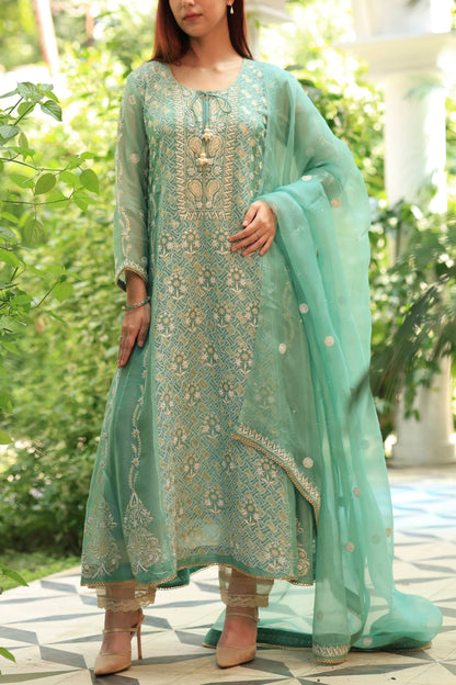 Green & Blue Noor Organza Chikankari Anarkali Kurta With Dupatta