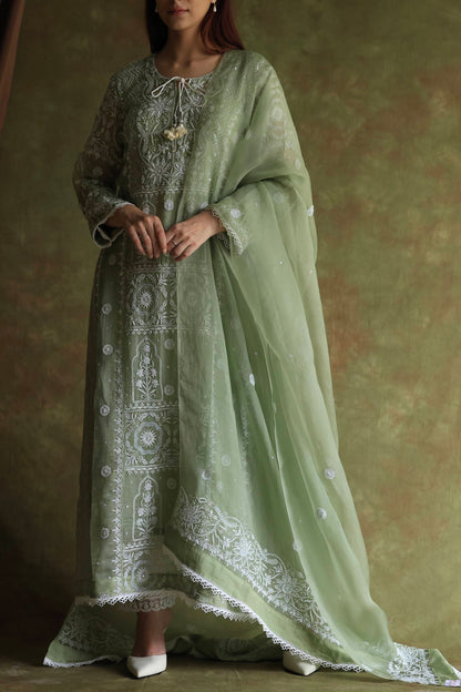 Green Noor Organza Chikankari Anarkali Kurta With Dupatta