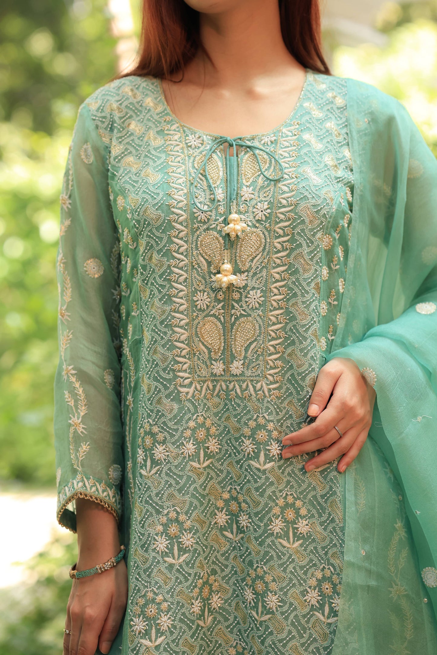 Green & Blue Noor Organza Chikankari Anarkali Kurta With Dupatta