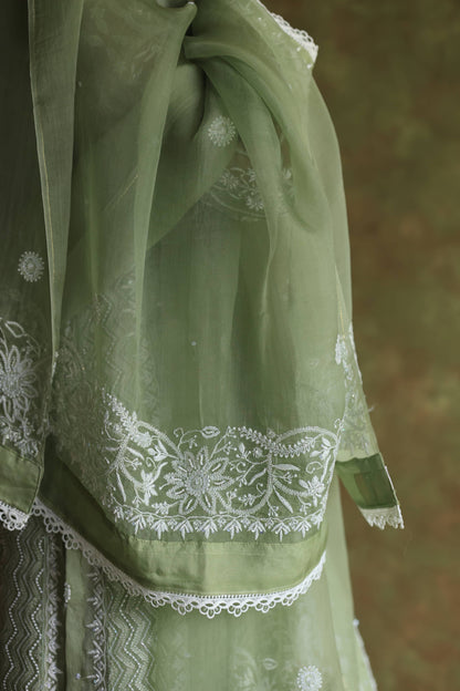 Green Noor Organza Chikankari Anarkali Kurta With Dupatta