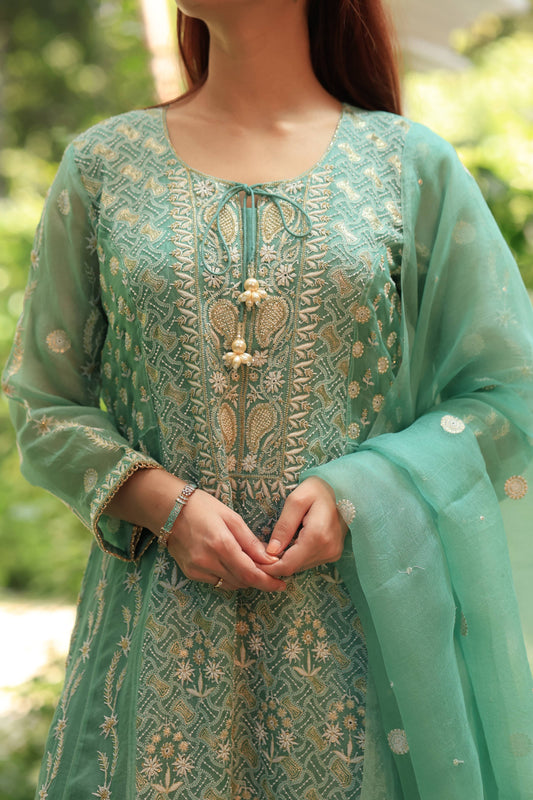 Green & Blue Noor Organza Chikankari Anarkali Kurta With Dupatta