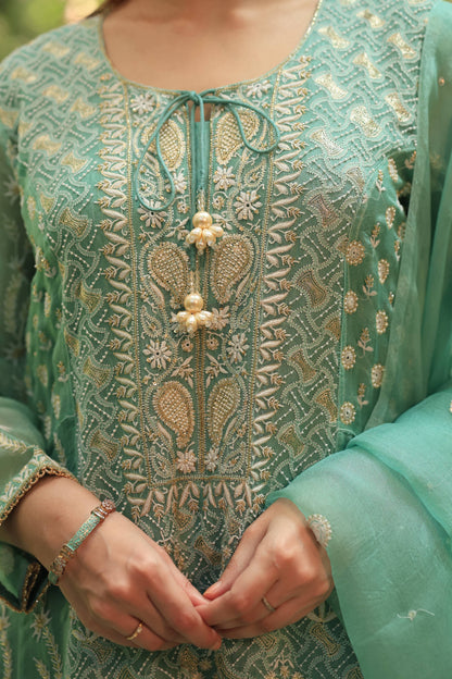 Green & Blue Noor Organza Chikankari Anarkali Kurta With Dupatta