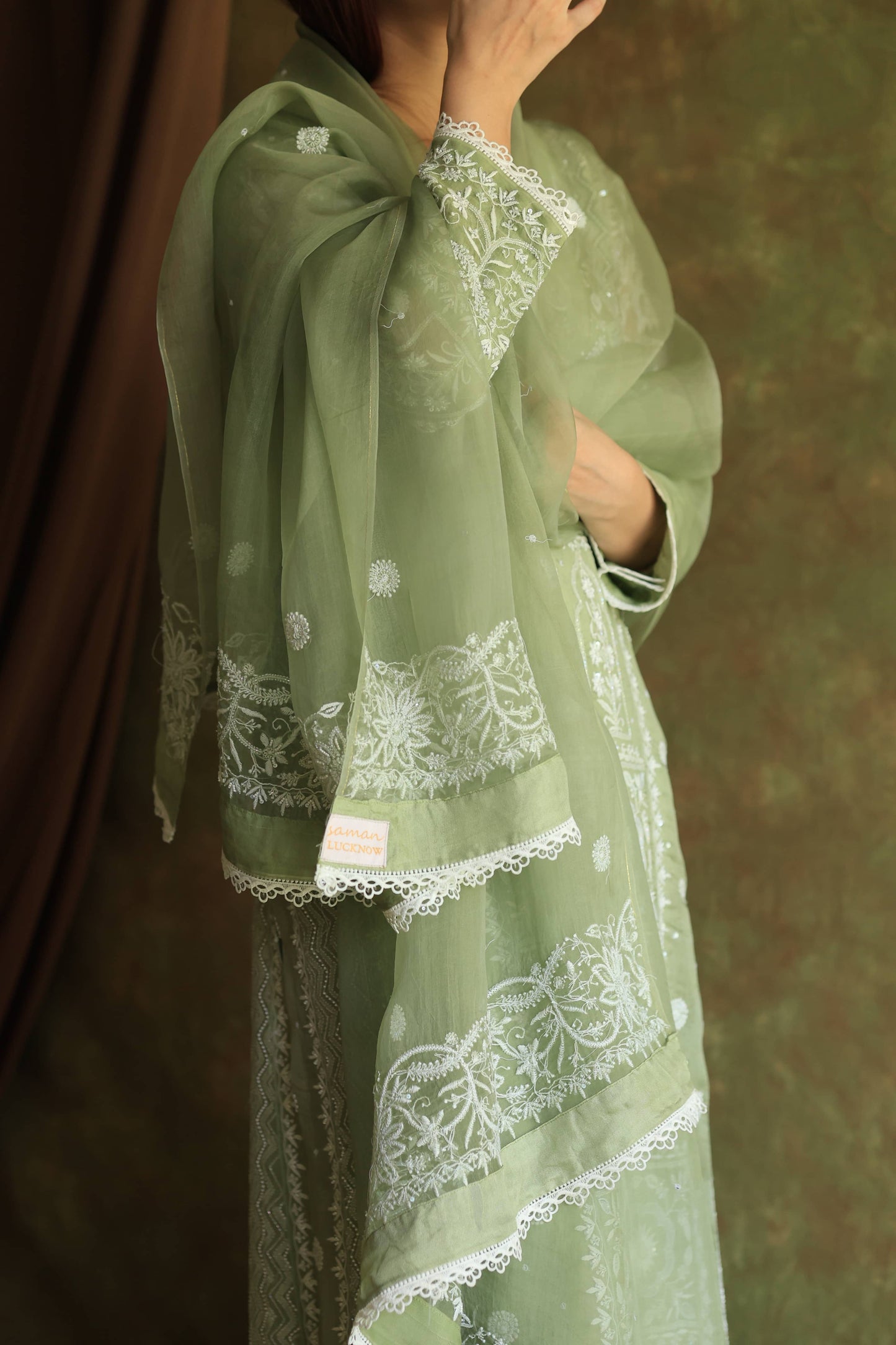 Green Noor Organza Chikankari Anarkali Kurta With Dupatta