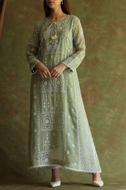 Green Noor Organza Chikankari Anarkali Kurta With Dupatta