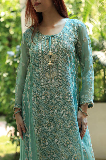 Green & Blue Noor Organza Chikankari Anarkali Kurta With Dupatta