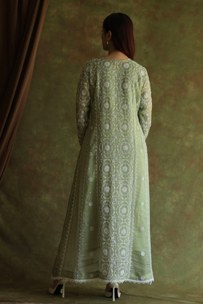 Green Noor Organza Chikankari Anarkali Kurta With Dupatta