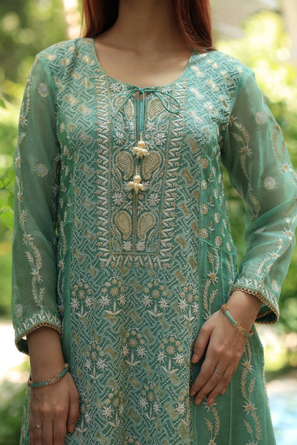 Green & Blue Noor Organza Chikankari Anarkali Kurta With Dupatta