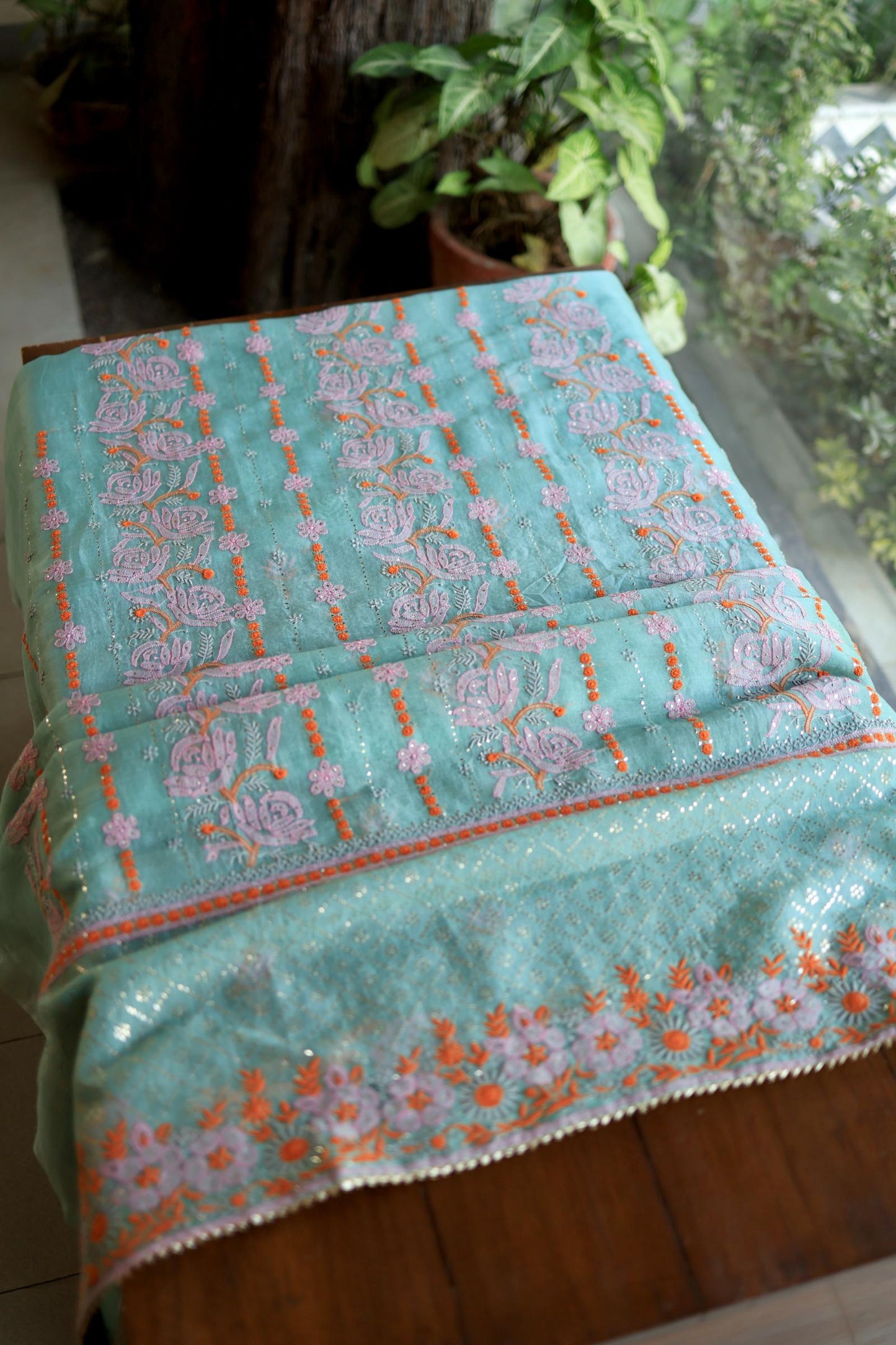 Green Noor Organza Silk Chikankari With Kamdani Fabrics