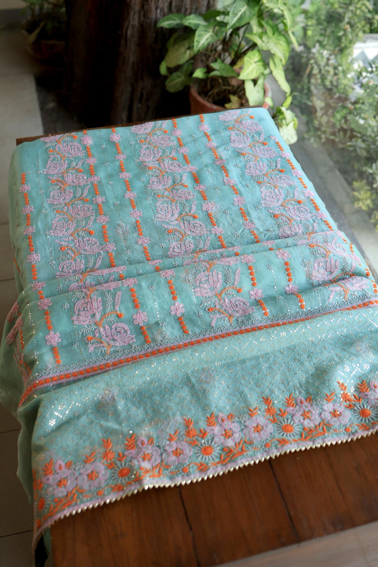 Green Noor Organza Silk Chikankari With Kamdani Fabrics