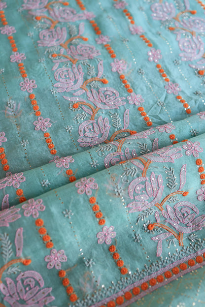 Green Noor Organza Silk Chikankari With Kamdani Fabrics