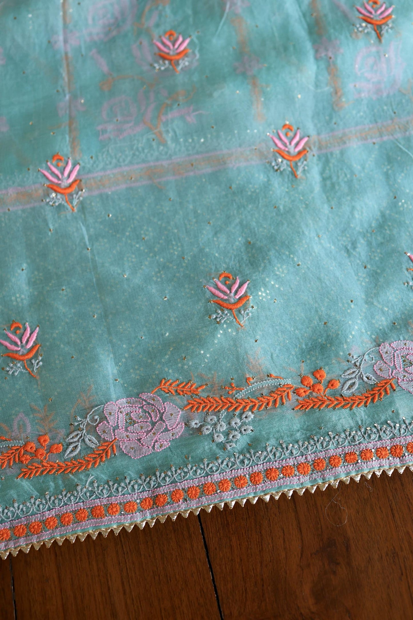 Green Noor Organza Silk Chikankari With Kamdani Fabrics