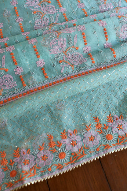 Green Noor Organza Silk Chikankari With Kamdani Fabrics