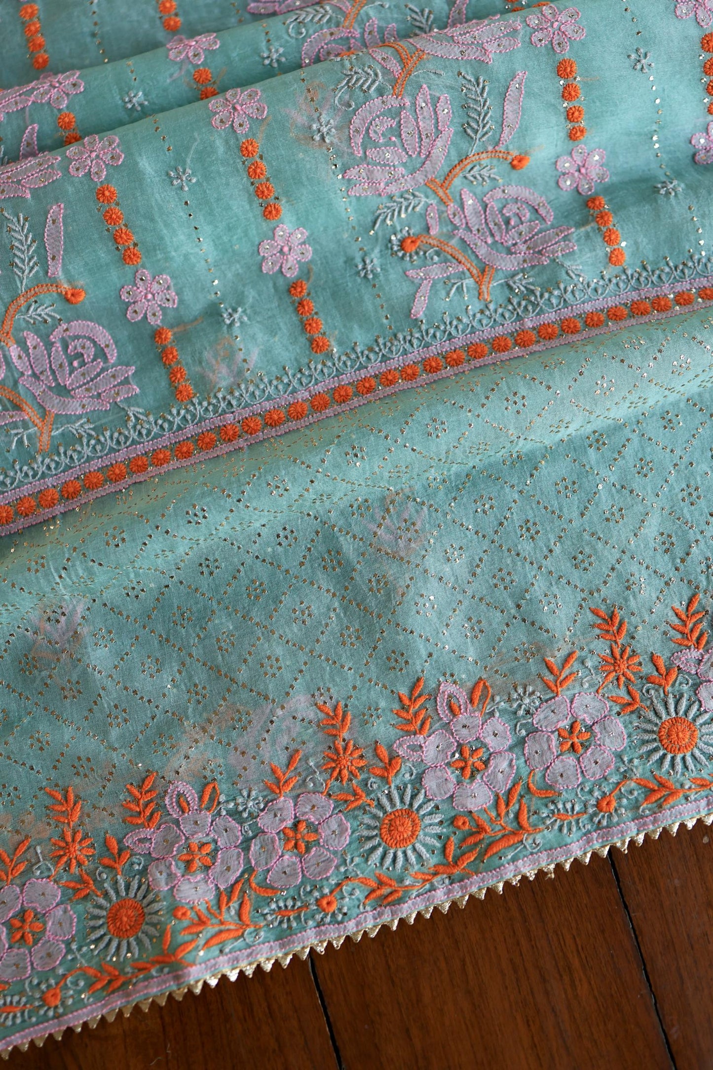 Green Noor Organza Silk Chikankari With Kamdani Fabrics