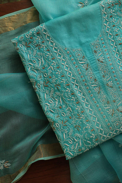 Green Paper Tussar Resham Chikankari Unstitched Kurta Dupatta Set