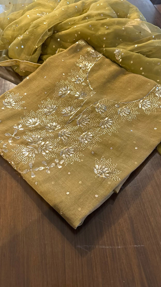 Green Roheen Tissue Silk Mukaish Badla Fabric