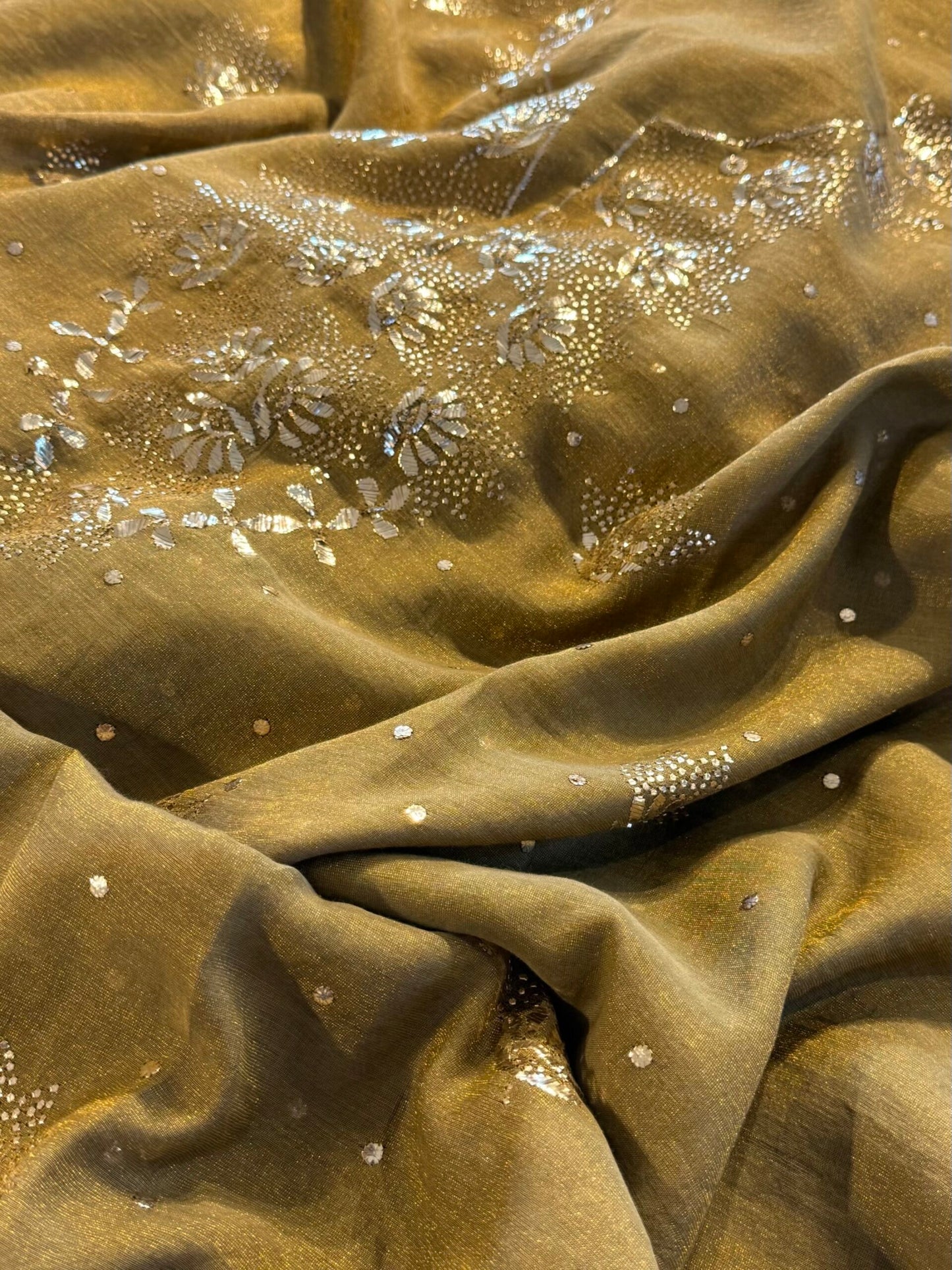 Green Roheen Tissue Silk Mukaish Badla Fabric