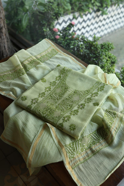 Green Shade Mal Cotton Chikankari Unstitched Kurta Dupatta Fabric With Kamdani