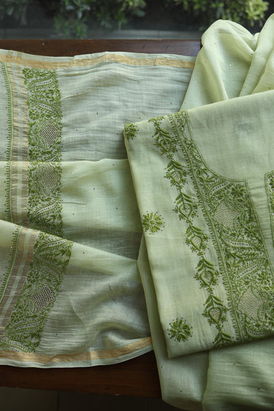 Green Shade Mal Cotton Chikankari Unstitched Kurta Dupatta Fabric With Kamdani