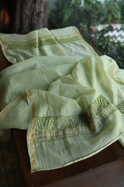 Green Shade Mal Cotton Chikankari Unstitched Kurta Dupatta Fabric With Kamdani