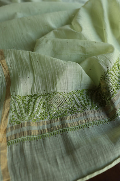 Green Shade Mal Cotton Chikankari Unstitched Kurta Dupatta Fabric With Kamdani