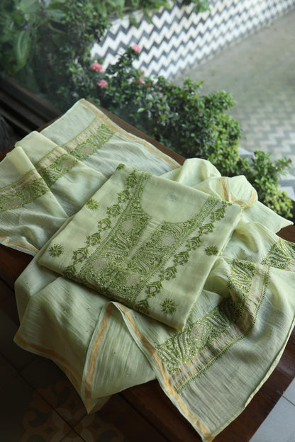 Green Shade Mal Cotton Chikankari Unstitched Kurta Dupatta Fabric With Kamdani