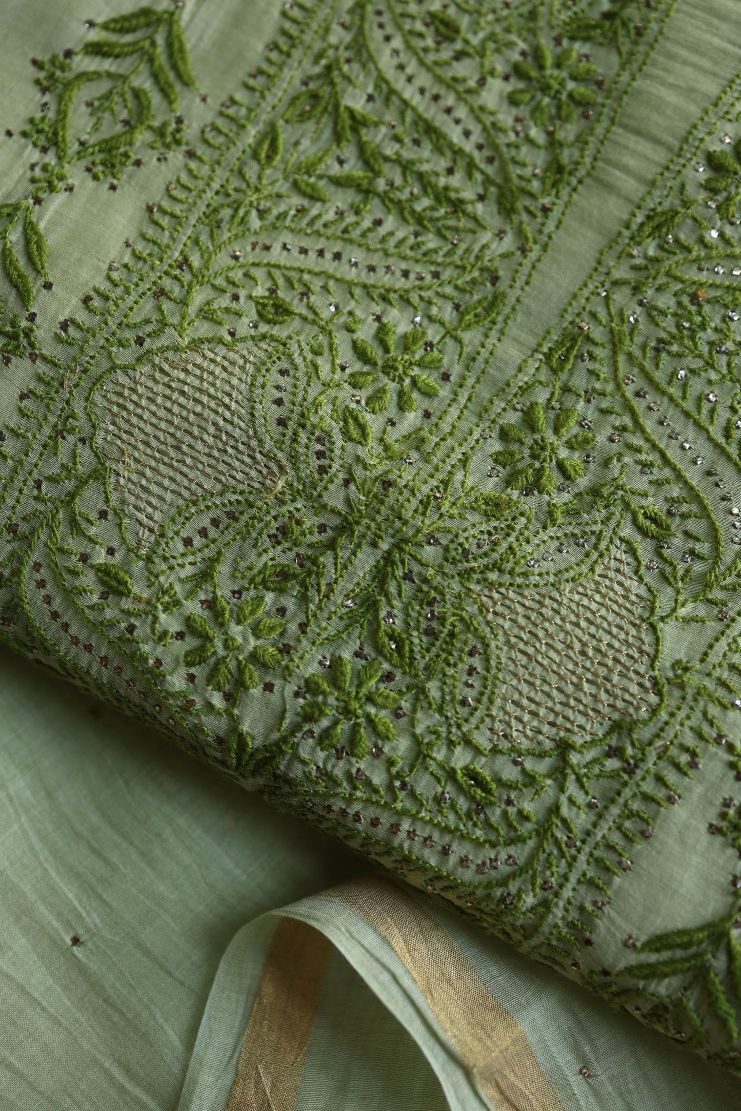 Green Shade Mal Cotton Chikankari Unstitched Kurta Dupatta Fabric With Kamdani