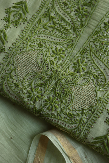 Green Shade Mal Cotton Chikankari Unstitched Kurta Dupatta Fabric With Kamdani