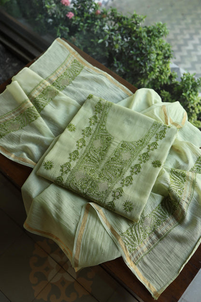 Green Shade Mal Cotton Chikankari Unstitched Kurta Dupatta Fabric With Kamdani