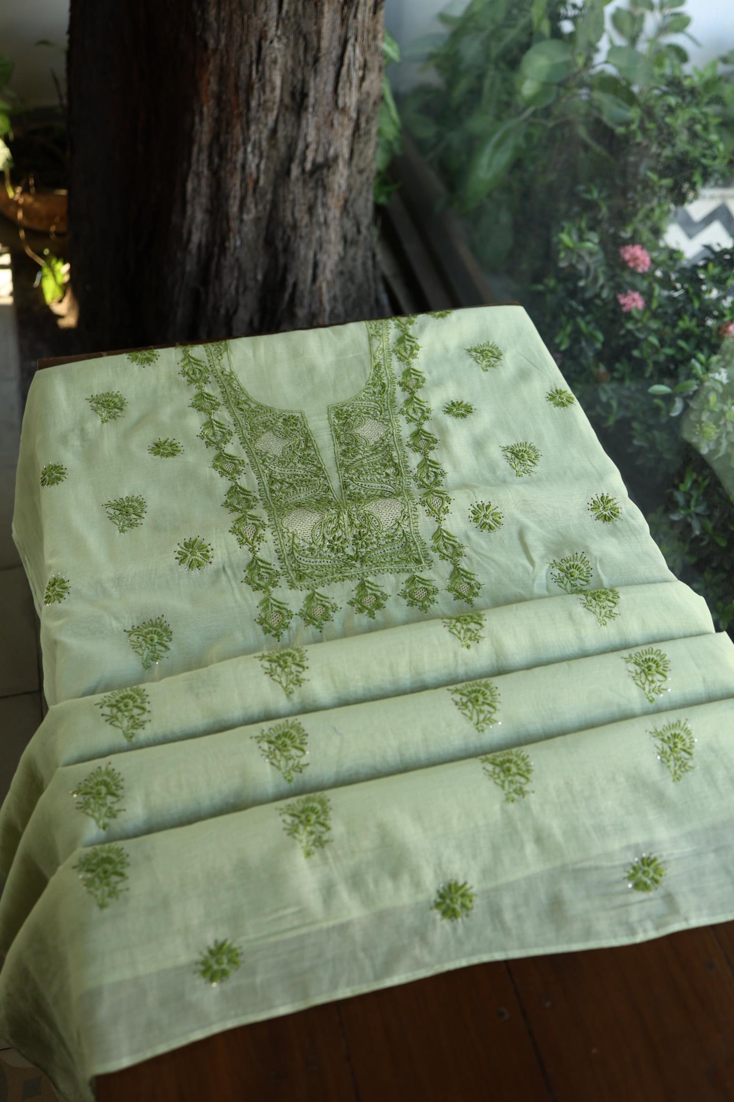 Green Shade Mal Cotton Chikankari Unstitched Kurta Dupatta Fabric With Kamdani