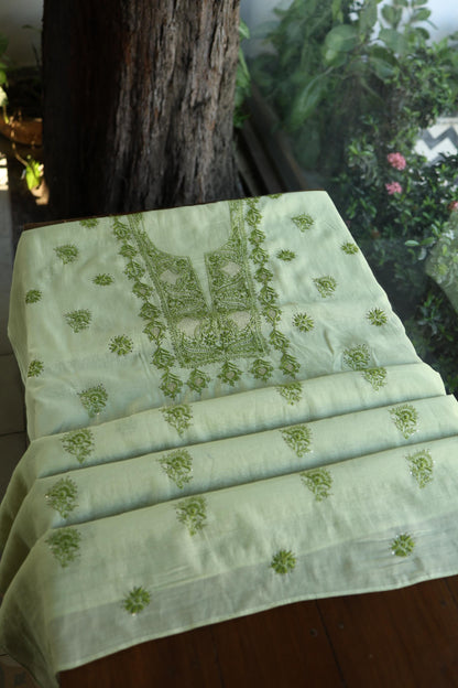 Green Shade Mal Cotton Chikankari Unstitched Kurta Dupatta Fabric With Kamdani