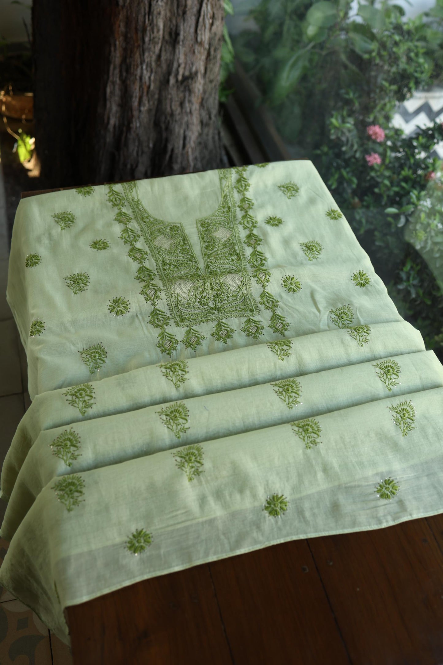 Green Shade Mal Cotton Chikankari Unstitched Kurta Dupatta Fabric With Kamdani
