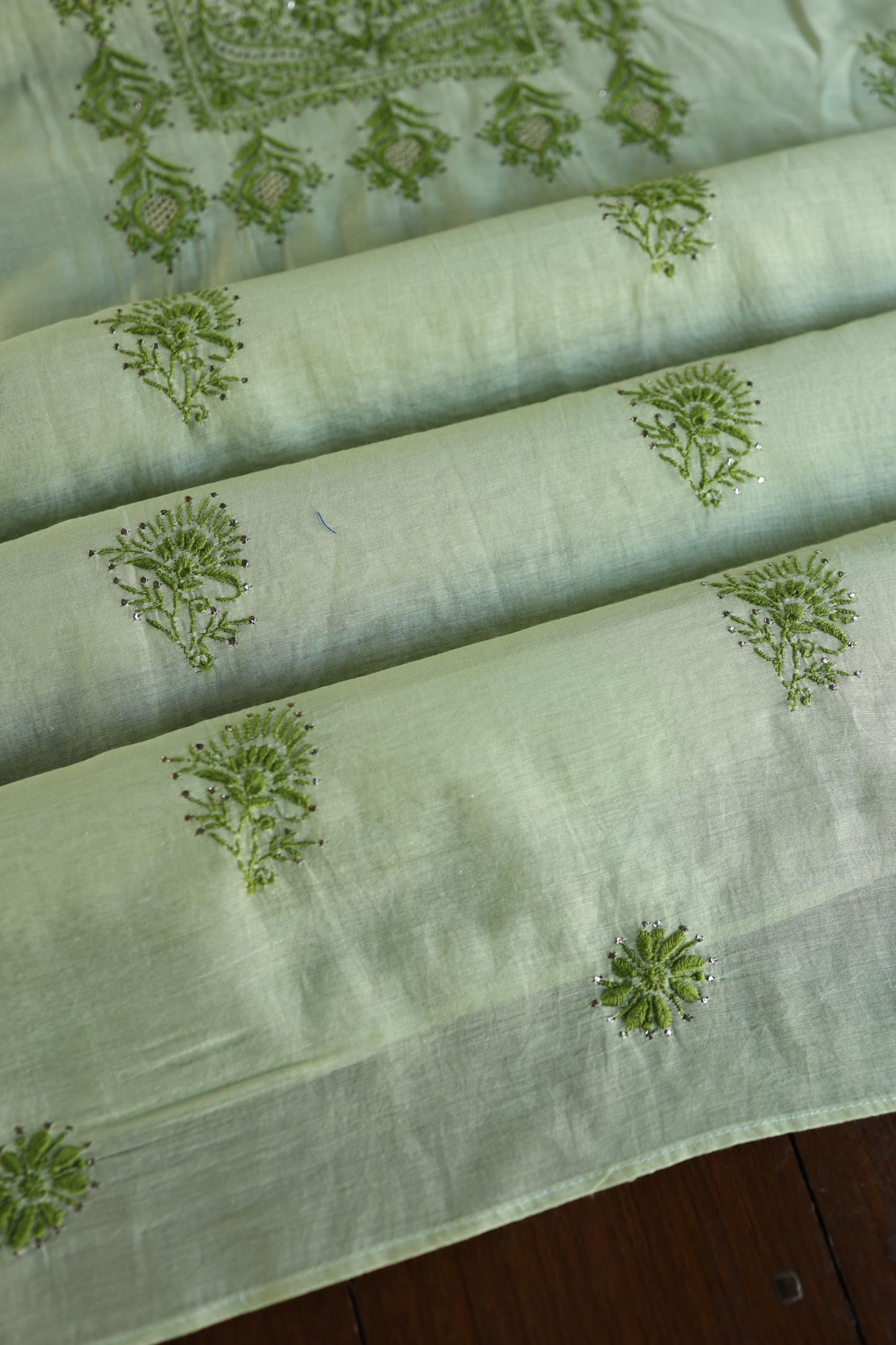Green Shade Mal Cotton Chikankari Unstitched Kurta Dupatta Fabric With Kamdani