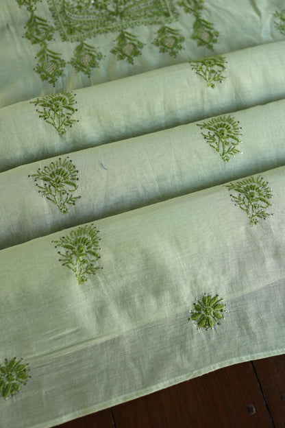 Green Shade Mal Cotton Chikankari Unstitched Kurta Dupatta Fabric With Kamdani