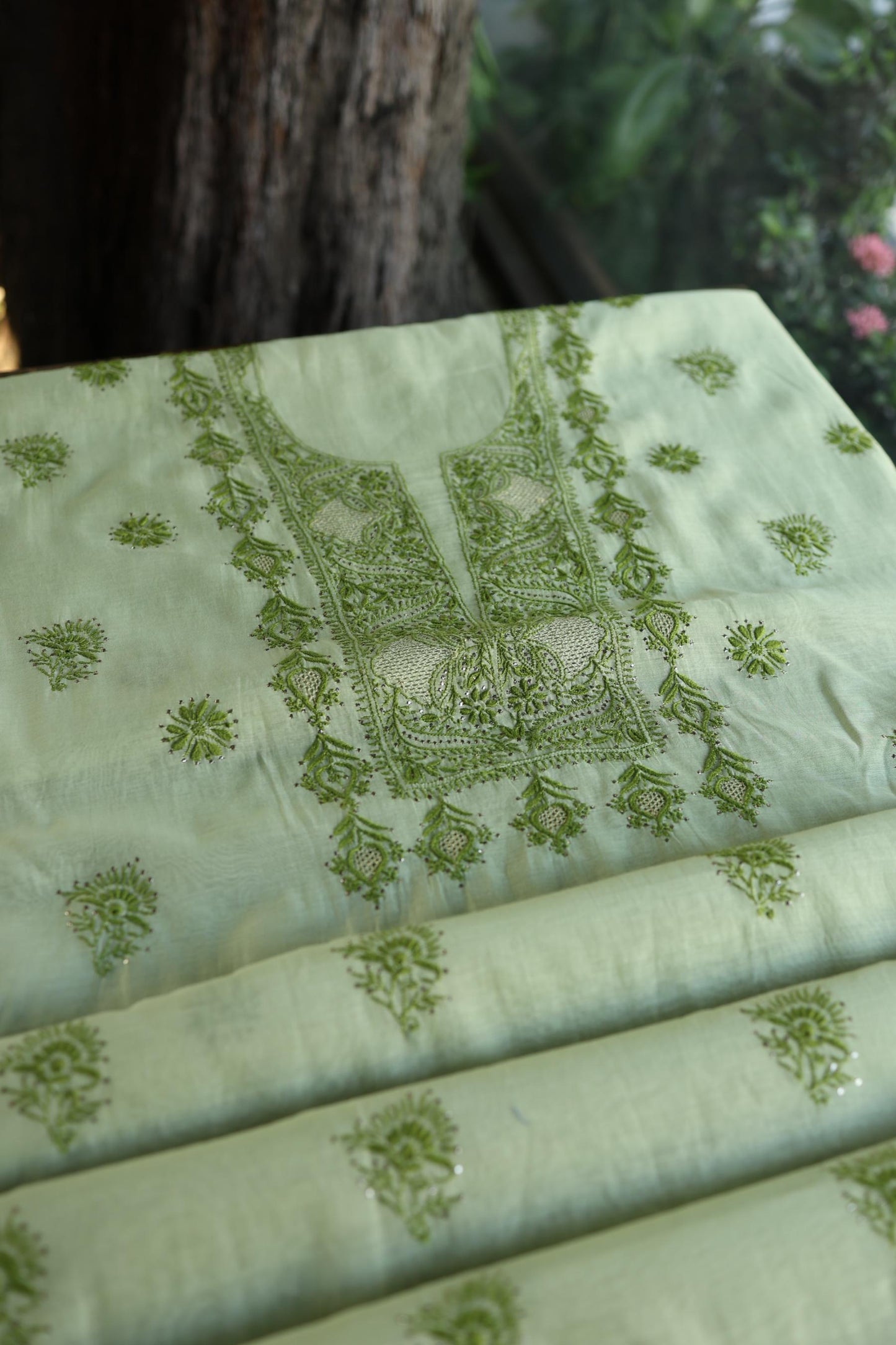 Green Shade Mal Cotton Chikankari Unstitched Kurta Dupatta Fabric With Kamdani