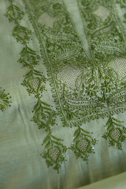 Green Shade Mal Cotton Chikankari Unstitched Kurta Dupatta Fabric With Kamdani
