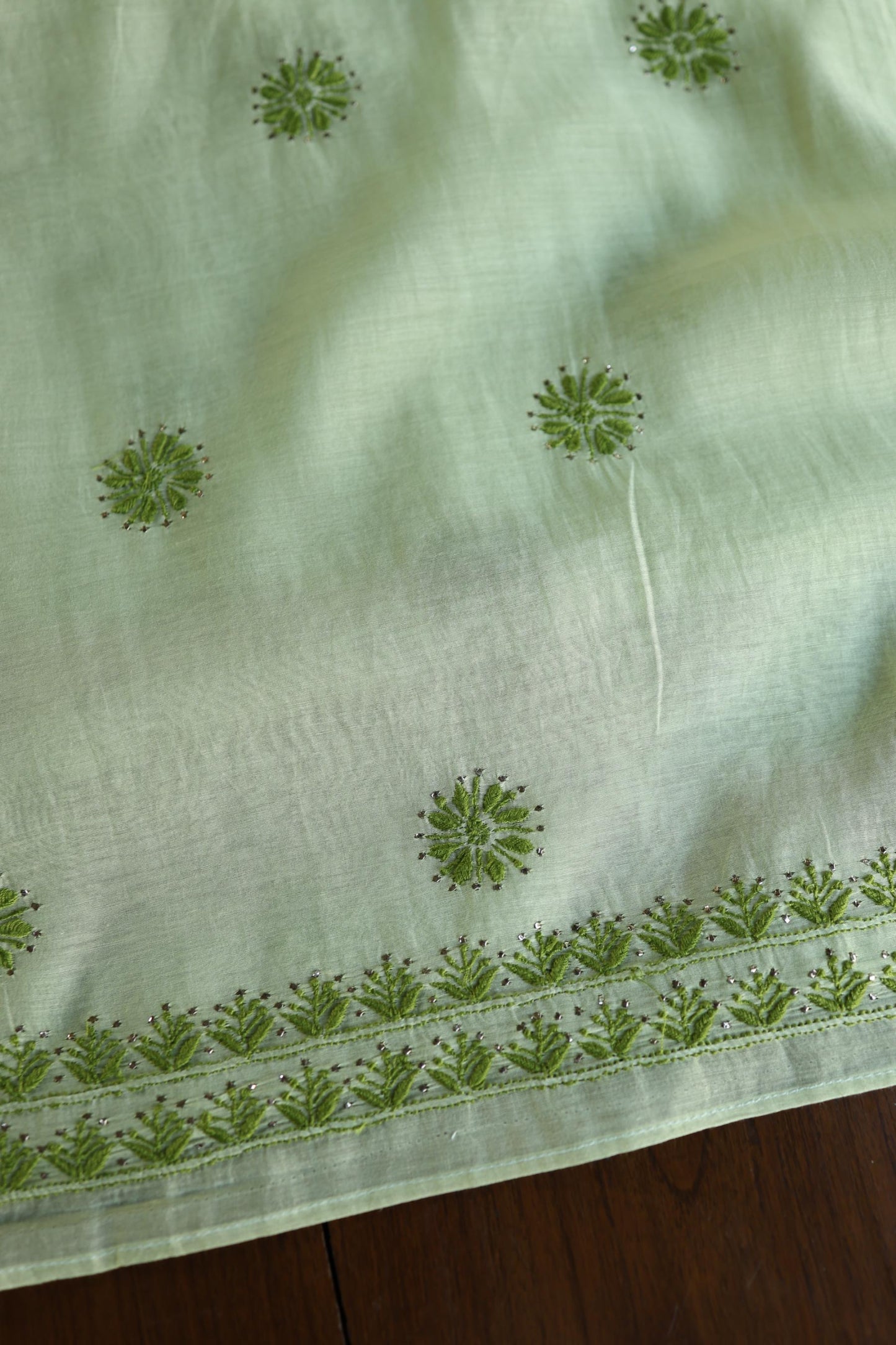 Green Shade Mal Cotton Chikankari Unstitched Kurta Dupatta Fabric With Kamdani