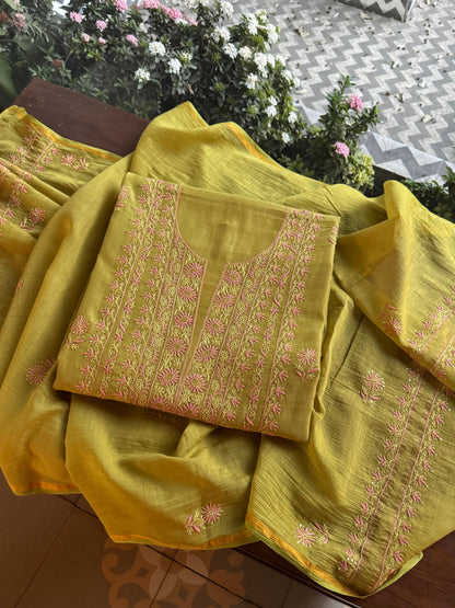 Green Shade Mal Cotton Fine Chikankari With Kamdani Work Unstitched Fabric