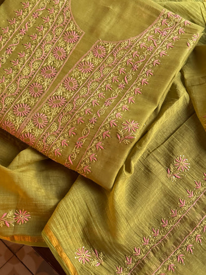 Green Shade Mal Cotton Fine Chikankari With Kamdani Work Unstitched Fabric