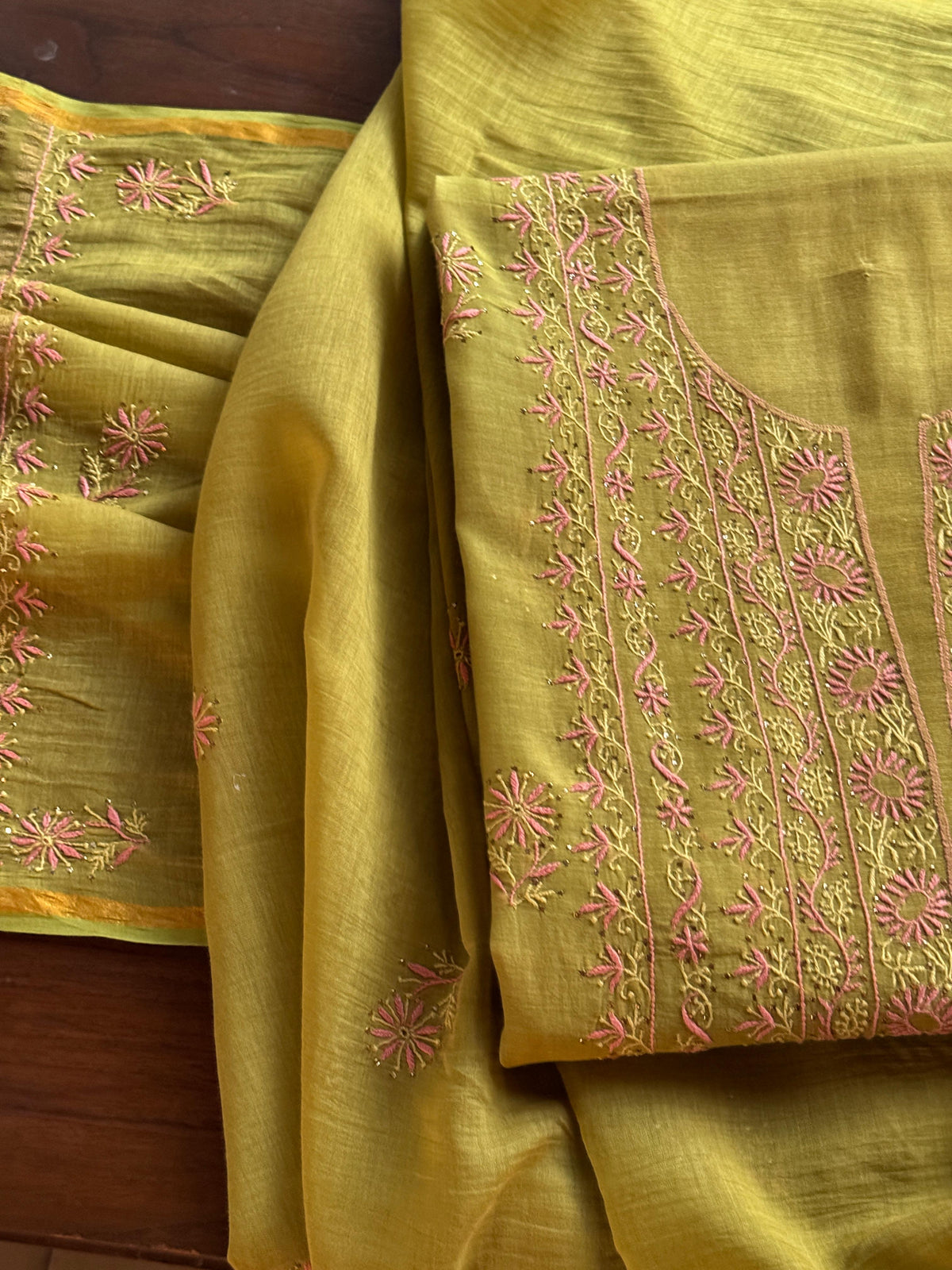 Green Shade Mal Cotton Fine Chikankari With Kamdani Work Unstitched Fabric