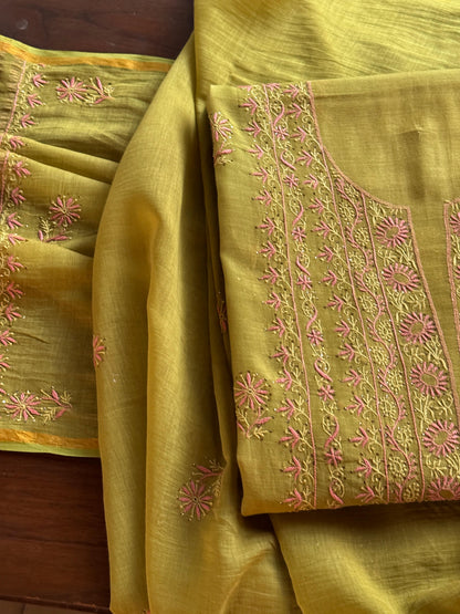 Green Shade Mal Cotton Fine Chikankari With Kamdani Work Unstitched Fabric